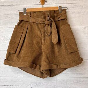 Forever 21 Shorts Womens SZ Small Mocha Brown Corduroy Paperbag Belted Academia